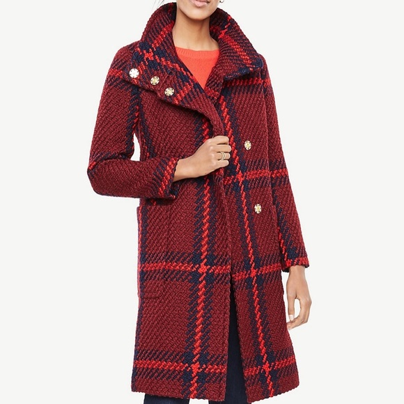 Ann Taylor Jackets & Blazers - ❤️Ann Taylor Navy Red Plaid Funnel Neck Coat Sz XS